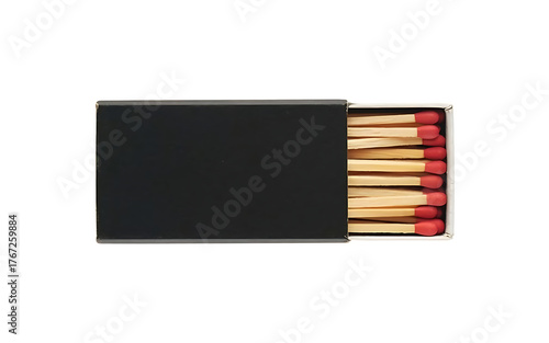 Black matchbox with red tipped matches partially extended