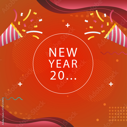 Happy New Year Celebration with Confetti and Party Poppers