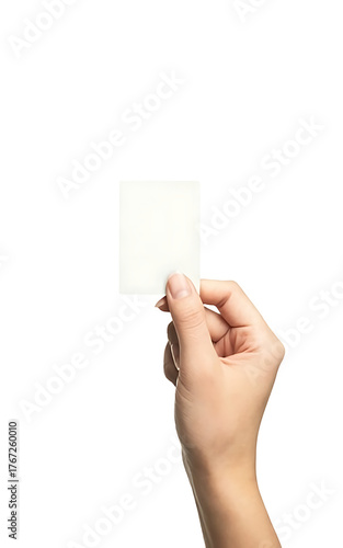 Hand holding blank card against white background