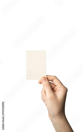 Hand holding a small blank square paper card against a white background