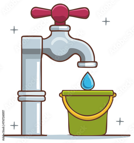 Water Conservation Concept with Dripping Faucet and Bucket Illustration