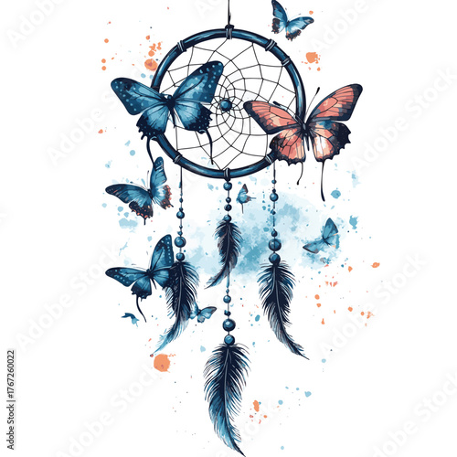 Ethereal Dream Catcher and Butterflies on White Background   , vector style simple color