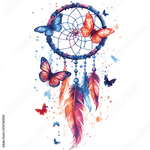 Ethereal Dream Catcher and Butterflies on White Background   , vector style simple color