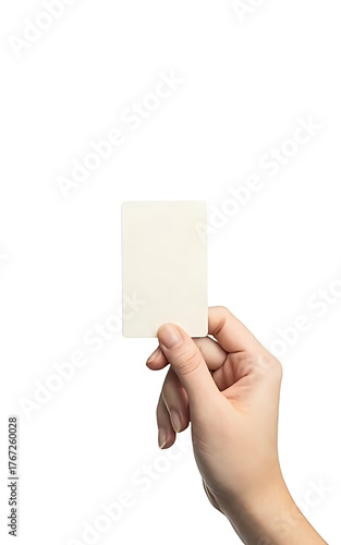 Hand holding a blank white square card against a white background
