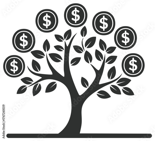 Money Tree Concept - Investment Growth Icon Featuring Dollar Coins and Branches