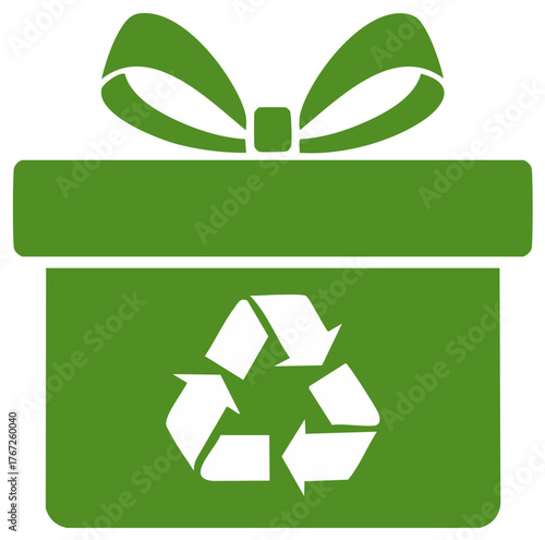 Green Gift Box with Recycle Symbol Vector Illustration, Environmental Awareness