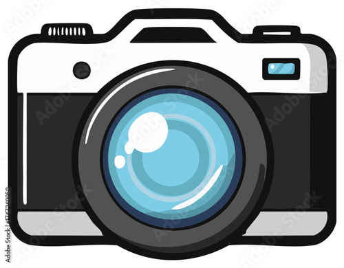 Modern Digital Camera Icon with Blue Lens Reflections and Flash