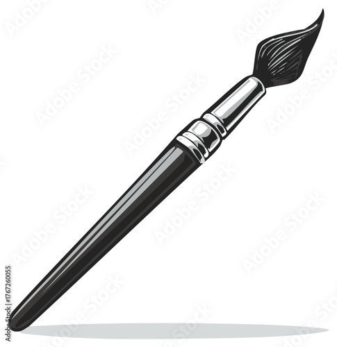 Single artist paintbrush with black bristles and wooden handle illustration for painting art and design projects