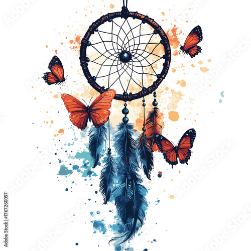 Ethereal Dream Catcher and Butterflies on White Background   , vector style simple color