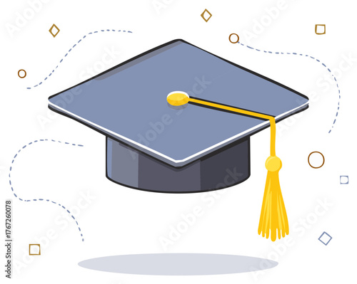 Blue graduation cap with golden tassel vector illustration for academic achievement and commencement ceremony