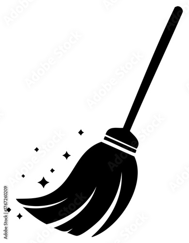 Black silhouette of a broom with sparkling effects indicating cleanliness