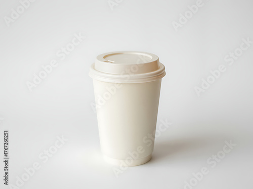 Plain white disposable coffee cup with clear lid on white background