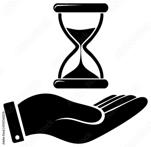 The passage of time symbolized by an hourglass over an open human hand