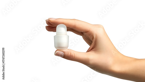 Hand holding small white dropper bottle against white background