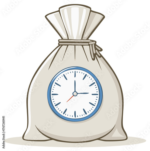 Valuable Time Concept Illustrated as a Tied Sack with a Clock