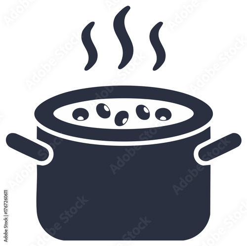 Minimalist cooking pot icon with hot steaming soup or stew flat vector symbol for boiling and food preparation
