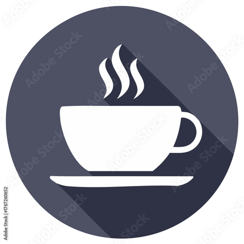 Steaming hot coffee cup and saucer flat icon with long shadow