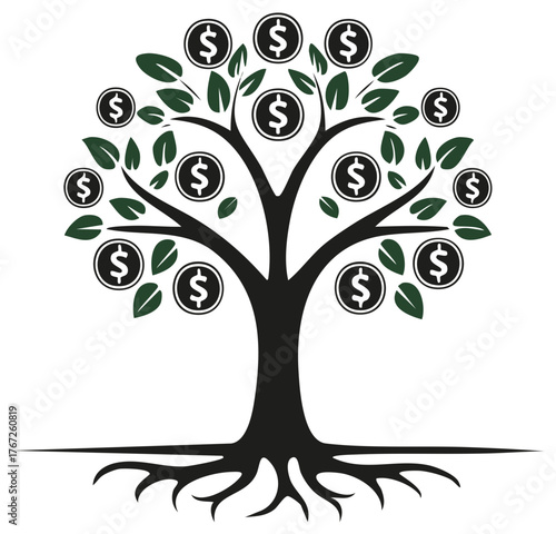 Money Tree with Dollar Coins Growing on Branches and Visible Roots Symbolizing Wealth Growth and Investment