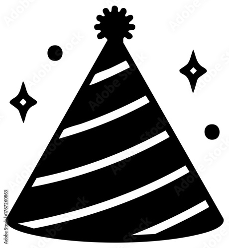 Striped Party Hat with Pom Pom and Stars Festive Celebrations Icon