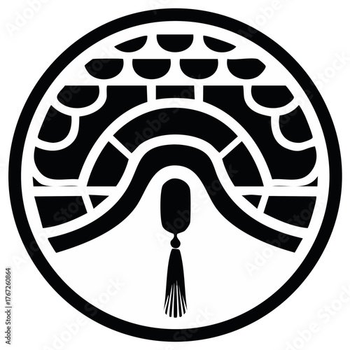 Traditional Japanese Kamon family crest with a stylized tassel in a black and white vector design