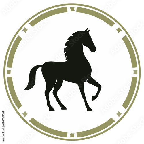 Black Horse Silhouette in Ornamental Circle Emblem Galloping Gracefully Equestrian Symbol