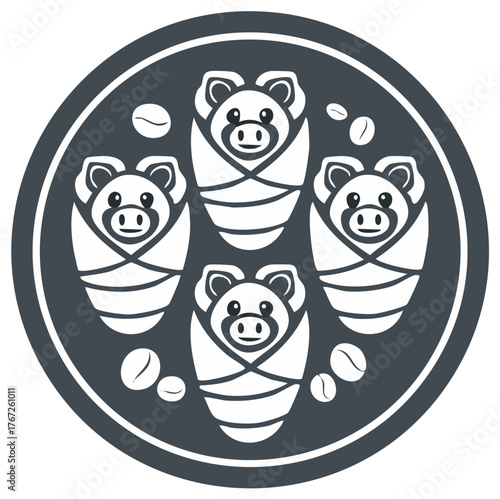 Logo illustration of swaddled piglets with coffee beans in a circular design.