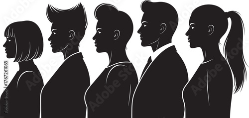 Silhouette profile diversity, stylish people vector, unique hairstyles, fashion identity, black figures, modern look, expressive design, isolated background, gender neutral, artistic pose