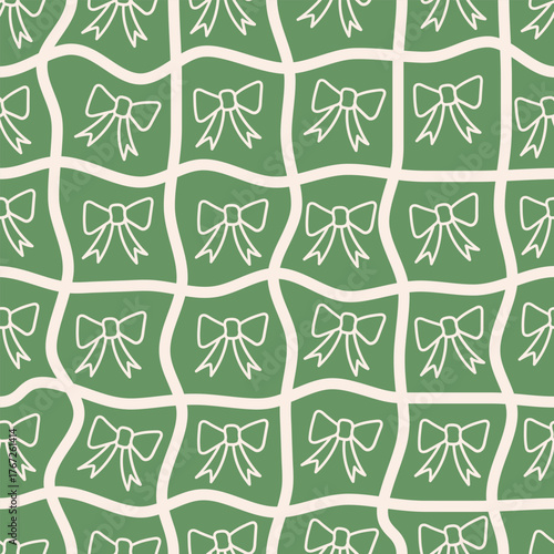 Seamless pattern of curved checkered lines and bows on a green background. White and green colors. Twisted checkered wavy texture. Vector illustration