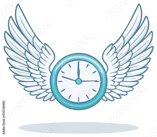 Cartoon clock with white feathered wings soaring through the air symbolizing passing time