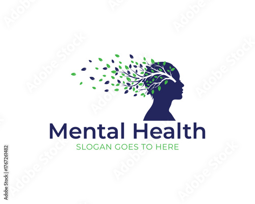Mental health logo featuring a human head silhouette with tree branches and leaves, symbolizing growth, awareness, and wellbeing isolated on white background