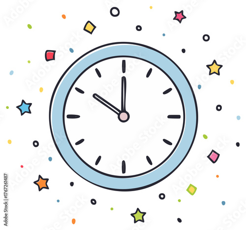 Hand Drawn Style Clock with Stars Confetti Showing the Time