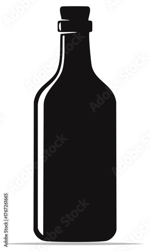 Elegant black bottle silhouette with natural cork stopper vector icon