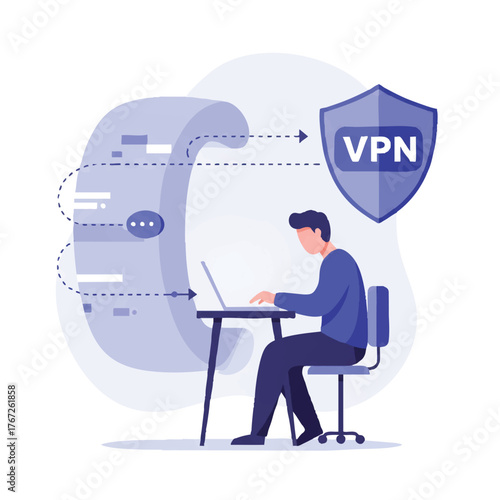 Secure VPN connection flat 2D vector illustration depicting a person working at a desk on their laptop, utilizing a protective digital tunnel to shield their online identity from peering eyes.