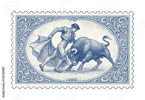 vintage postage stamp depicts matador in action (sketch drawing)
