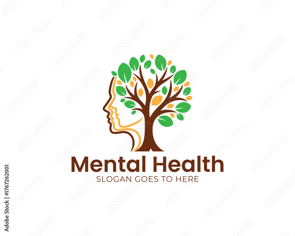 Fototapeta premium Mental health logo design featuring a stylized human head silhouette with interconnected lines and dots, set against a clean white background isolated on white background