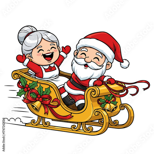 Cartoon of Santa and Mrs. Claus riding in a golden sleigh.