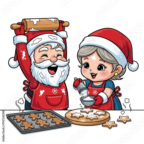 Santa Claus and Mrs. Claus joyfully baking Christmas cookies, with Santa holding a rolling pin and Mrs. Claus decorating star-shaped cookies with powdered sugar.