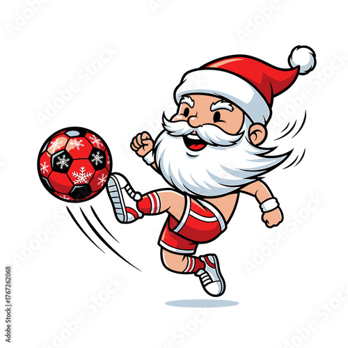 A cartoon illustration of Santa Claus playing soccer with a red snowflake-patterned ball.