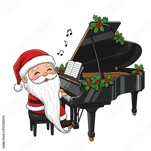 Santa Claus joyfully plays a grand piano, surrounded by festive holly decorations, creating a musical Christmas scene.