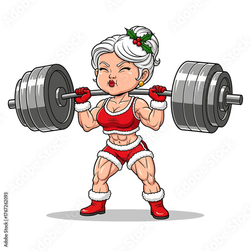 A strong Mrs. Claus in a festive outfit, lifting a heavy barbell with determination.
