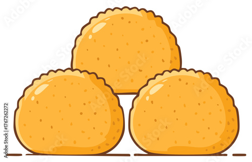 Three cartoon golden pastries with scalloped edges. Stacked fried turnovers or empanadas illustration.