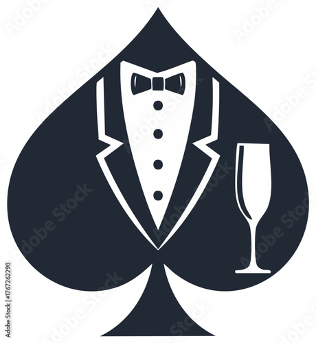 Elegant tuxedo symbol with champagne flute integrated into spade playing card shape