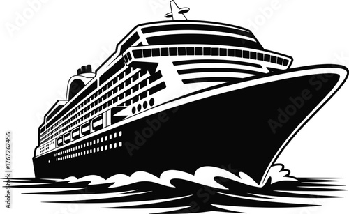 Cruise ship silhouette, luxury ocean liner vector, black and white travel illustration, maritime transport artwork, tourism vacation sea voyage design