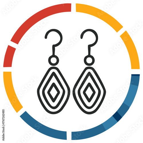 Stylized Diamond Shape Earrings with Question Marks and Colorful Segmented Circle Graphic