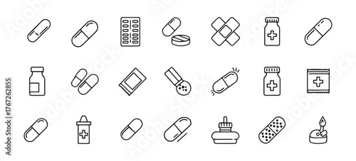 Pharmacy line icons. This vector illustration features icons like rx, effervescent pill, blister, sachet, bandage, and capsule bottle outline pictograms for drug medication