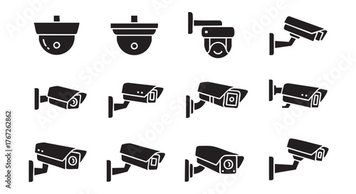 Security camera vector set black and white surveillance systems collection