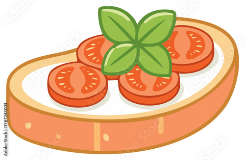Illustration of Bruschetta Bread Topping with Tomato Basil Slices  Fresh Simple Food Cartoon Style Icon