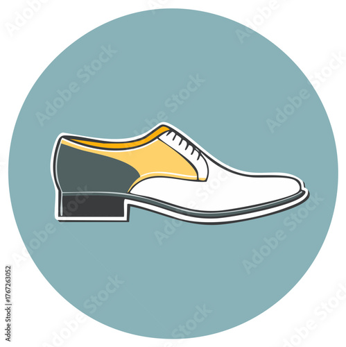 Elegant two tone leather dress shoe illustration with Oxford style on blue round background for fashion promotions and apparel advertisements