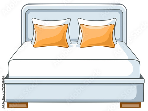 Clean cartoon illustration of a bed with white sheets and two orange pillows on a headboard