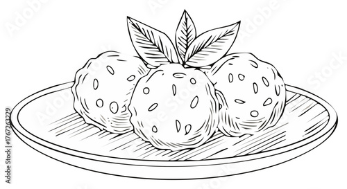 Three savory food balls served on a plate with fresh basil leaves, hand drawn sketch illustration